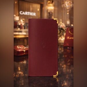Cartier Leather Burgundy Bifold Long Wallet with Gold Accents w Box